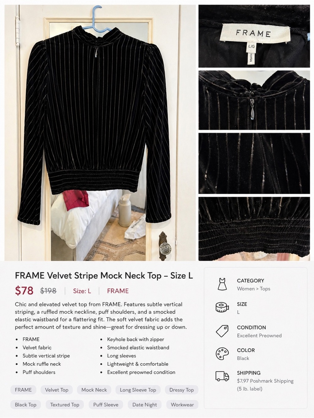 Frame Velvet Stripe Mock Neck Top in Black